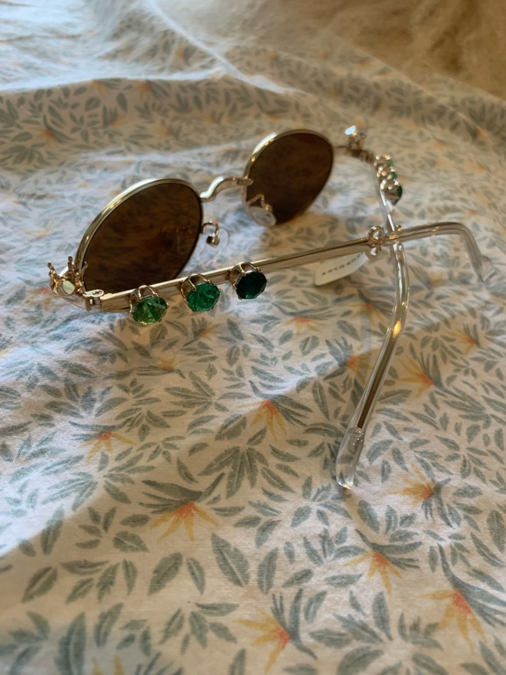 Anthropologie Gold Metal Sunglasses with Green Gem Embellishments